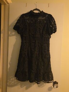 Black Lace Short-Sleeve A-Line Dress
